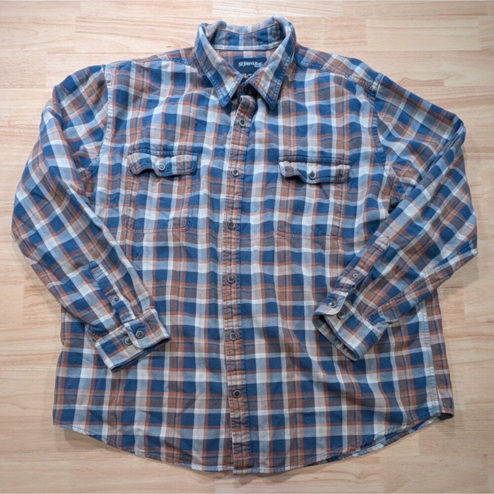 St Johns Bay Flannel Shirt Mens XXL Plaid Button Down Long Sleeve Orange Blue